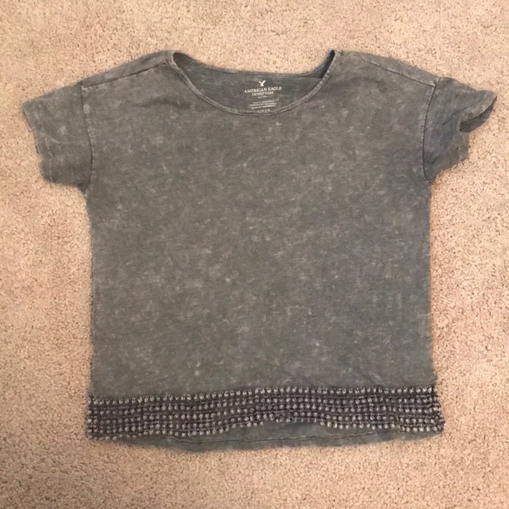 American Eagle Gray Acid Wash T-Shirt Crop Trim